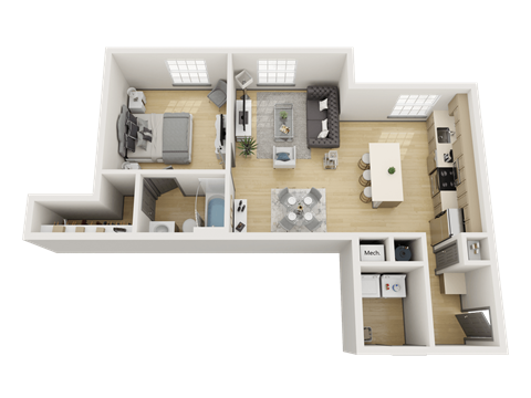 Floor plan for 1 bed, 1 bath, 748 sqft